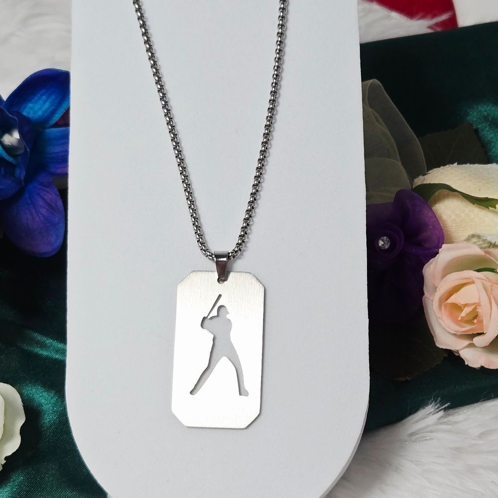 Silver Baseball Player Dog Tag Necklace Cutout Batter 24” Stainless Steel Gift